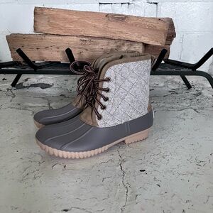 Gray and Tan Winter Rain Boots with Quilted Upper